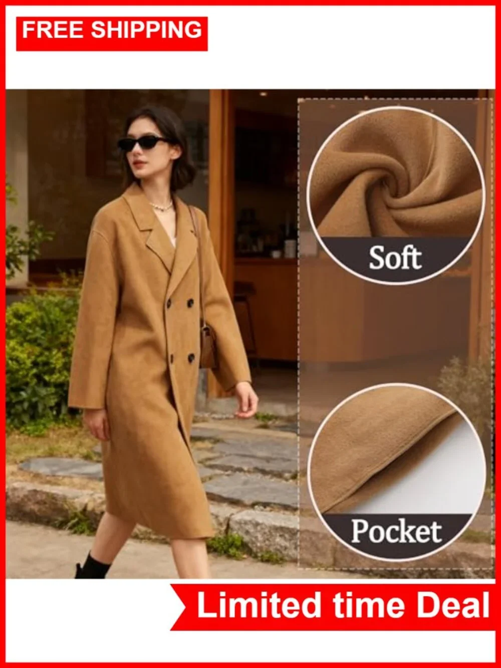 Wool Blend Long Coat Double Breasted Midi Peacoat Trench Coat
